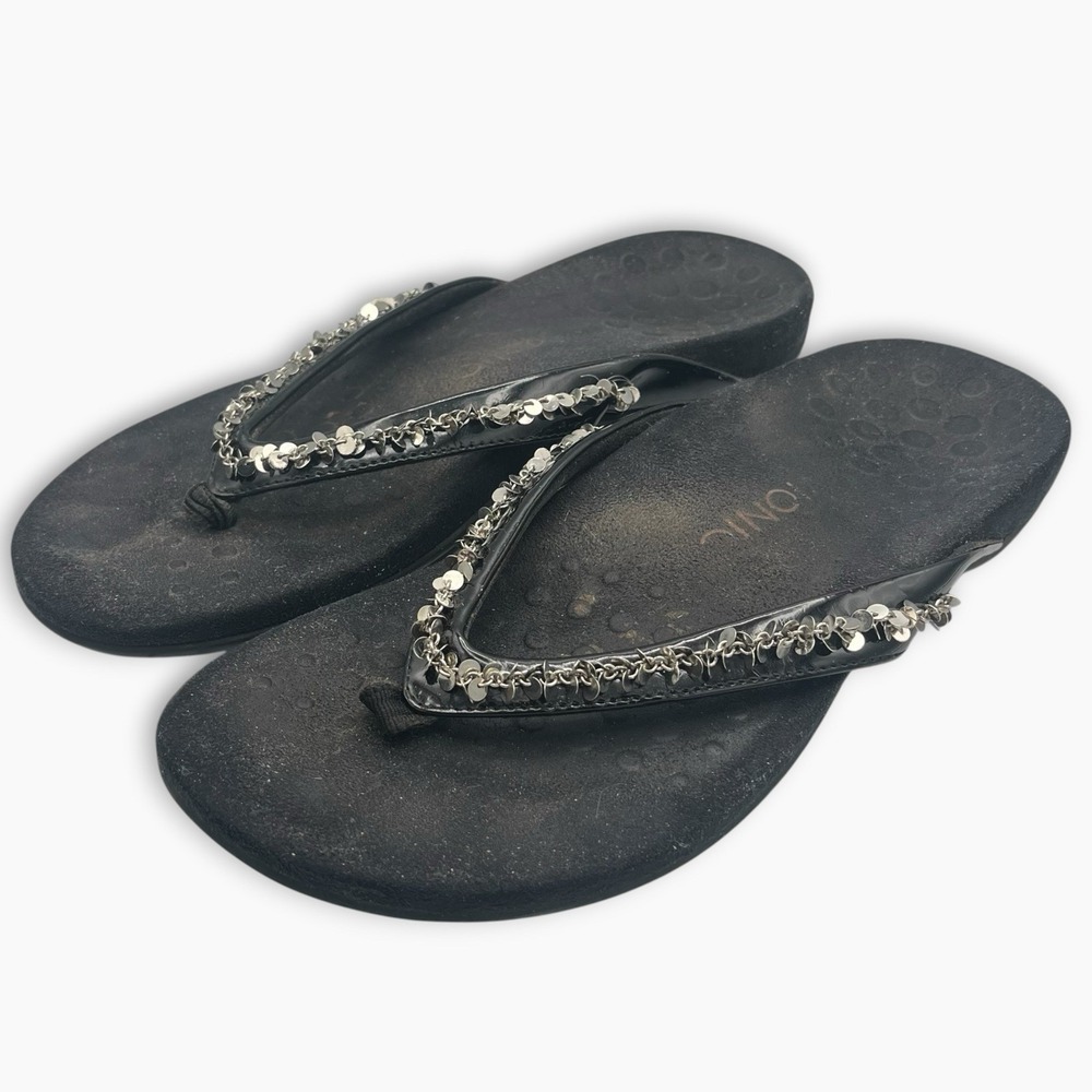 Vionic Belize Black Thong Sandals Women's Sz 10 Wide Flip Flops Metal Sequins